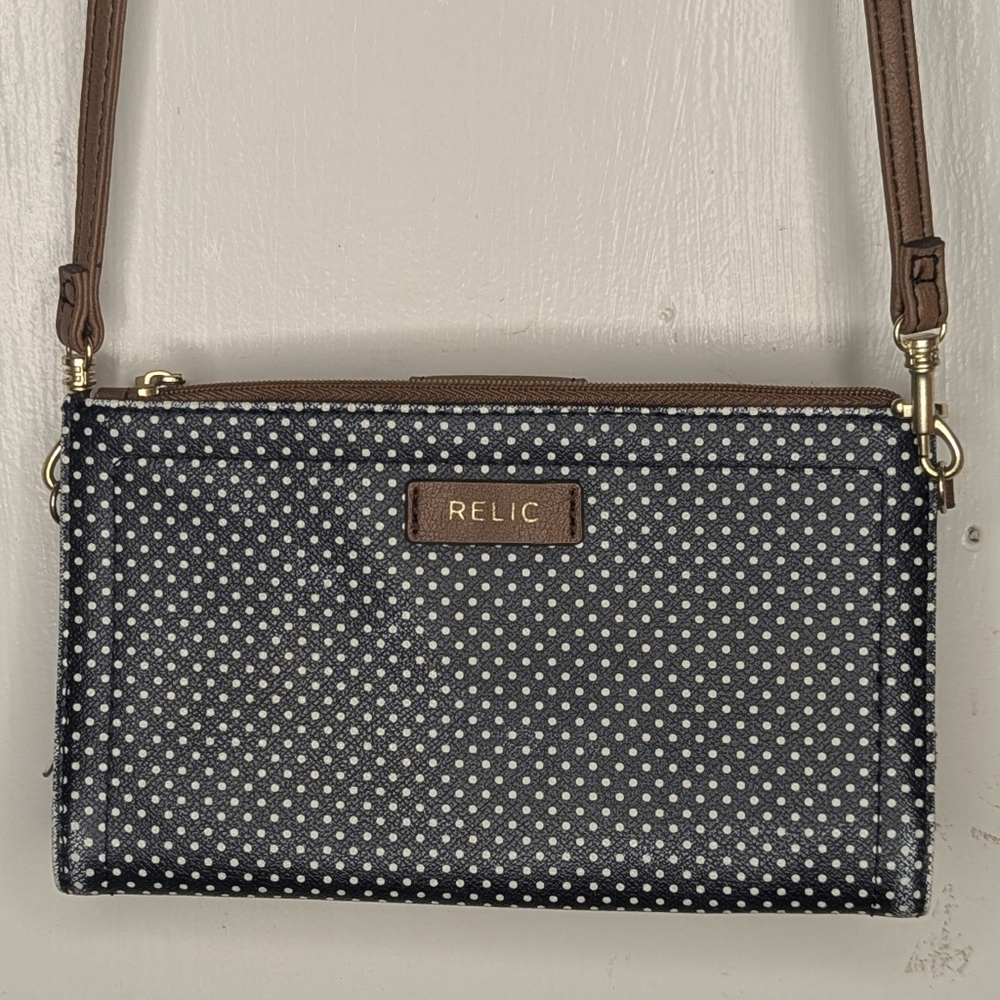 RELIC Dylan Checkbook Crossbody Wallet Navy Blue w White Dots Vegan Leather